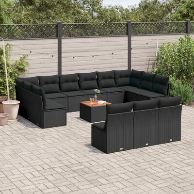 vidaXL 14-tlg. Garten-Sofagarnitur mit Kissen Schwarz Poly Rattan