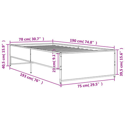 vidaXL Bettgestell Räuchereiche 75x190 cm Holzwerkstoff und Metall