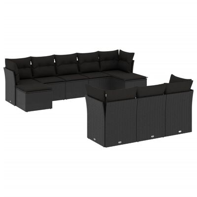 vidaXL 10-tlg. Garten-Sofagarnitur mit Kissen Schwarz Poly Rattan