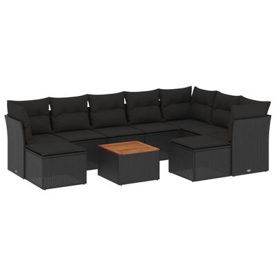 vidaXL 10-tlg. Garten-Sofagarnitur mit Kissen Schwarz Poly Rattan