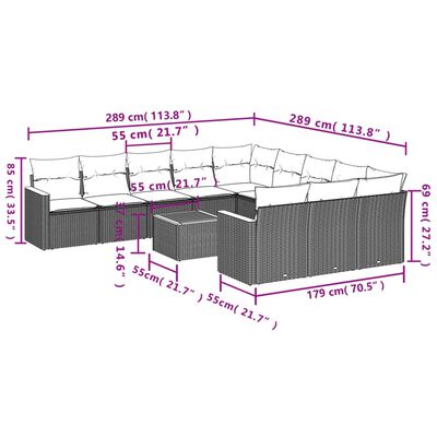 vidaXL 12-tlg. Garten-Sofagarnitur mit Kissen Schwarz Poly Rattan