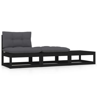 vidaXL 3-tlg. Garten-Lounge-Set mit Kissen Schwarz Kiefer Massivholz