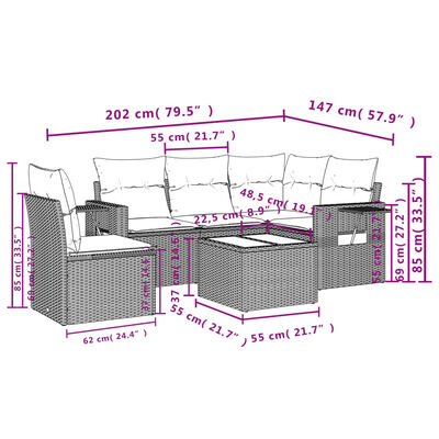 vidaXL 6-tlg. Garten-Sofagarnitur mit Kissen Hellgrau Poly Rattan