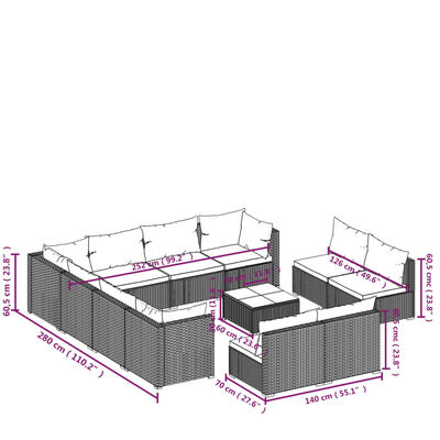 vidaXL 12-tlg. Garten-Lounge-Set mit Kissen Schwarz Poly Rattan