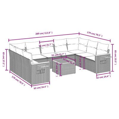 vidaXL 10-tlg. Garten-Sofagarnitur mit Kissen Schwarz Poly Rattan