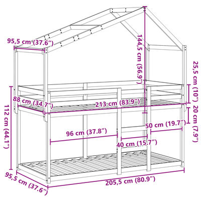 vidaXL Etagenbett mit Dach Wachsbraun 90x200 cm Massivholz Kiefer