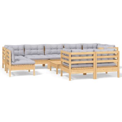 vidaXL 10-tlg. Garten-Lounge-Set mit Grauen Kissen Kiefer Massivholz