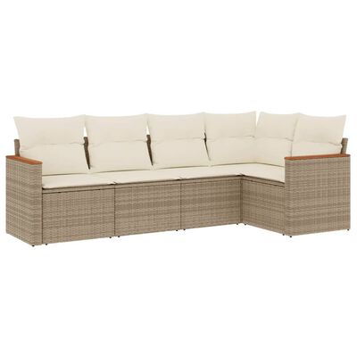 vidaXL 5-tlg. Garten-Sofagarnitur mit Kissen Beige Poly Rattan