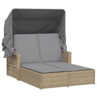 vidaXL Doppel-Sonnenliege mit Dach und Auflagen Beige Poly Rattan