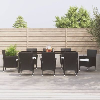 vidaXL 9-tlg. Garten-Essgruppe mit Kissen Schwarz Poly Rattan