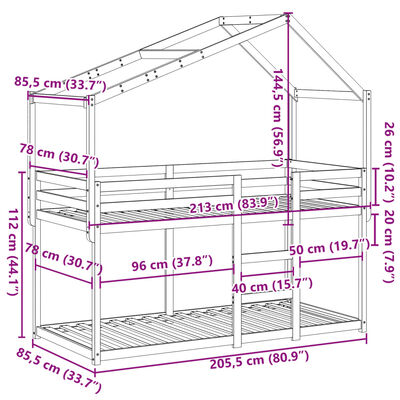 vidaXL Etagenbett mit Dach Wachsbraun 80x200 cm Massivholz Kiefer