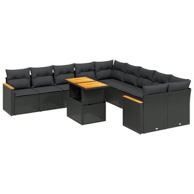 vidaXL 11-tlg. Garten-Sofagarnitur mit Kissen Schwarz Poly Rattan