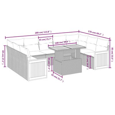 vidaXL 10-tlg. Garten-Sofagarnitur mit Kissen Schwarz Poly Rattan