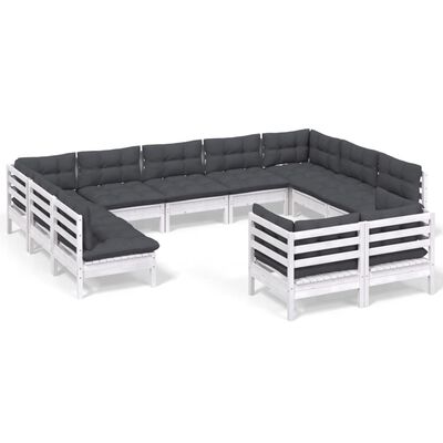 vidaXL 11-tlg. Garten-Lounge-Set mit Kissen Weiß Kiefer Massivholz