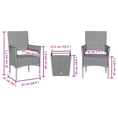 vidaXL 3-tlg. Bistro-Set mit Kissen Beige Poly Rattan und Glas