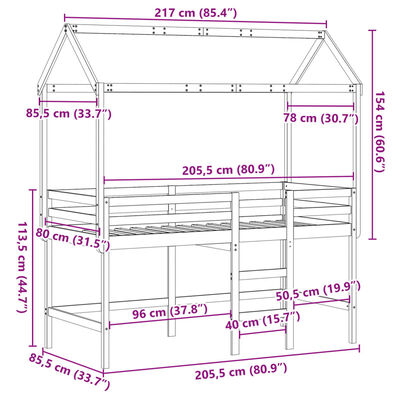 vidaXL Hochbett mit Leiter und Dach Weiß 80x200 cm Massivholz Kiefer