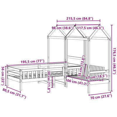vidaXL Massivholzbett und Bank mit Dach Weiß 75x190 cm Kiefernholz
