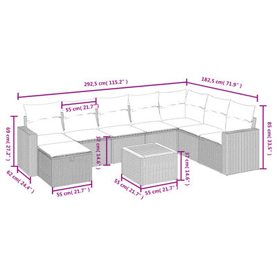 vidaXL 9-tlg. Garten-Sofagarnitur mit Kissen Beige Poly Rattan