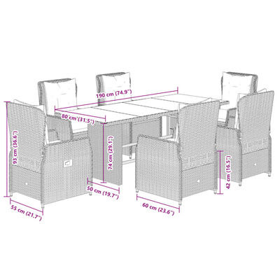 vidaXL 7-tlg. Garten-Essgruppe mit Kissen Schwarz Poly Rattan