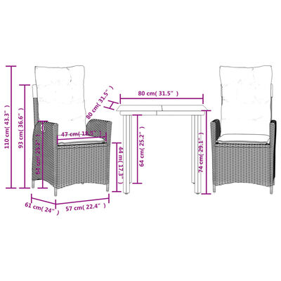 vidaXL 3-tlg. Garten-Essgruppe mit Kissen Grau Poly Rattan