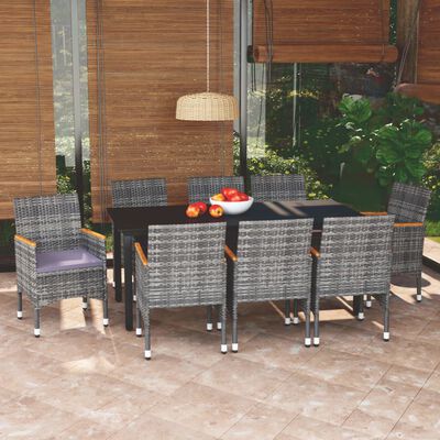 vidaXL 9-tlg. Garten-Essgruppe mit Kissen Poly Rattan Grau