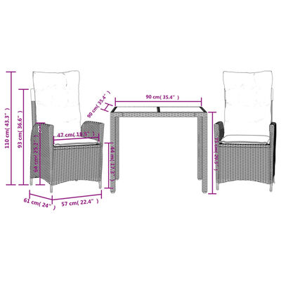 vidaXL 3-tlg. Garten-Essgruppe mit Kissen Grau Poly Rattan