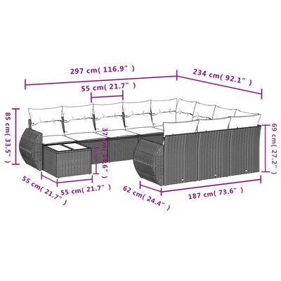 vidaXL 11-tlg. Garten-Sofagarnitur mit Kissen Schwarz Poly Rattan