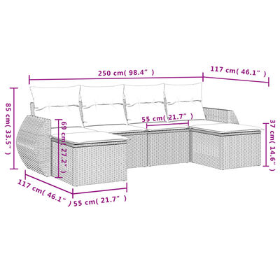 vidaXL 6-tlg. Garten-Sofagarnitur mit Kissen Grau Poly Rattan