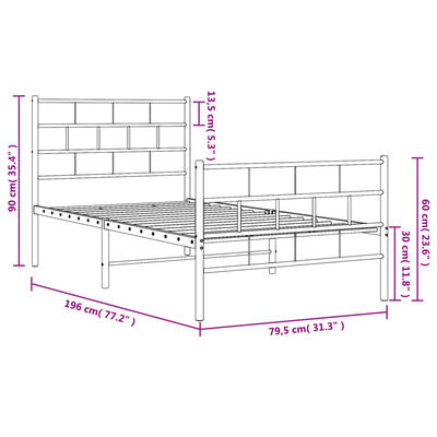 vidaXL Bettgestell mit Kopf- und Fußteil Metall Weiß 75x190 cm