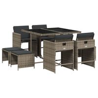 vidaXL 9-tlg. Garten-Essgruppe mit Kissen Grau Poly Rattan