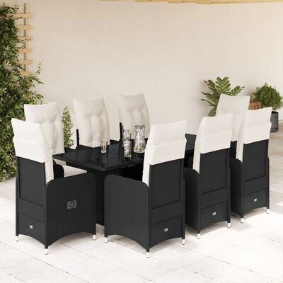 vidaXL 9-tlg. Garten-Bistro-Set mit Kissen Schwarz Poly Rattan