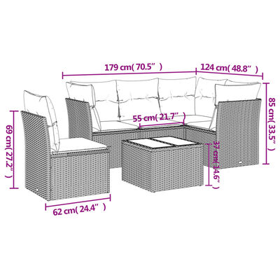 vidaXL 6-tlg. Garten-Sofagarnitur mit Kissen Schwarz Poly Rattan