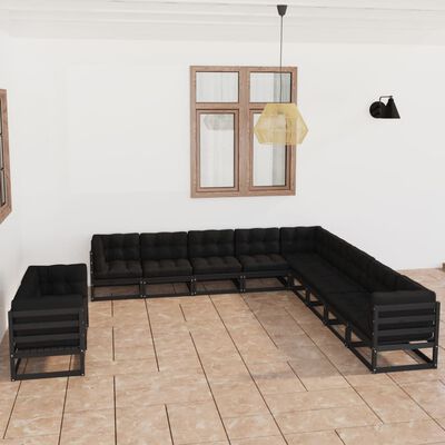 vidaXL 11-tlg. Garten-Lounge-Set mit Kissen Schwarz Kiefer Massivholz