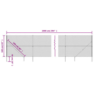 vidaXL Maschendrahtzaun mit Bodenhülsen Silbern 1,6x10 m