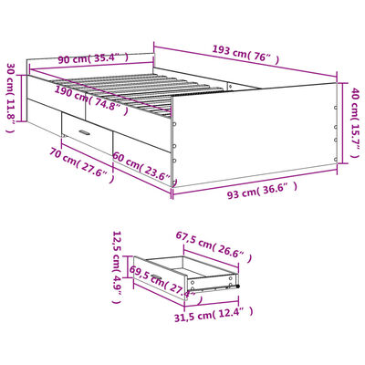 vidaXL Bettgestell mit Schubladen Grau Sonoma 90x190 cm Holzwerkstoff