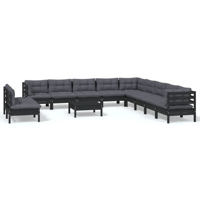 vidaXL 12-tlg. Garten-Lounge-Set mit Kissen Schwarz Massivholz Kiefer