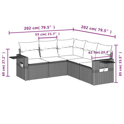 vidaXL 5-tlg. Garten-Sofagarnitur mit Kissen Braun Poly Rattan