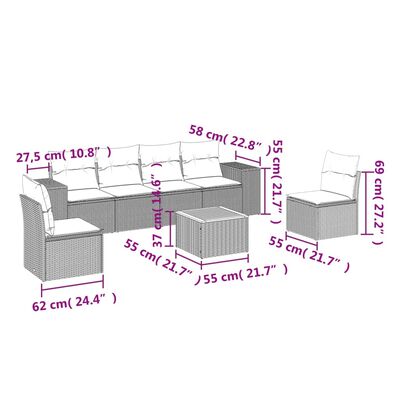 vidaXL 7-tlg. Garten-Sofagarnitur mit Kissen Schwarz Poly Rattan