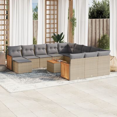 vidaXL 13-tlg. Garten-Sofagarnitur mit Kissen Beige Poly Rattan