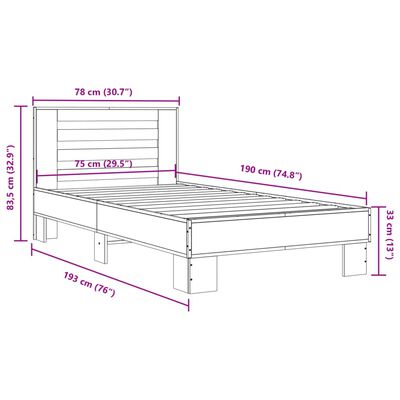 vidaXL Bettgestell Sonoma-Eiche 75x190 cm Holzwerkstoff und Metall