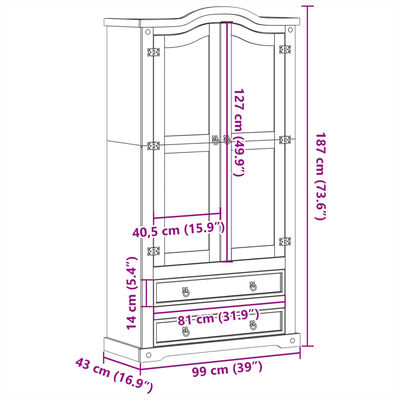 vidaXL Vitrine Corona 99x43x187 cm Massivholz Kiefer