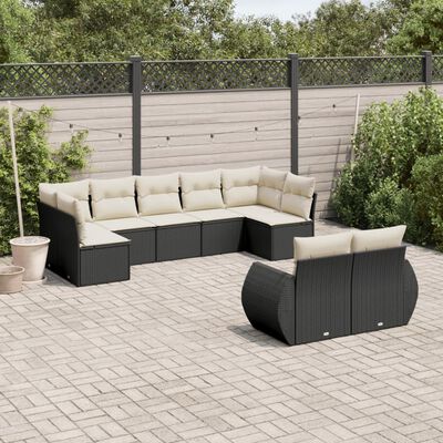 vidaXL 9-tlg. Garten-Sofagarnitur mit Kissen Schwarz Poly Rattan