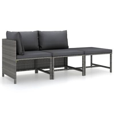 vidaXL 3-tlg. Garten-Lounge-Set mit Kissen Poly Rattan Grau