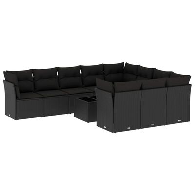 vidaXL 11-tlg. Garten-Sofagarnitur mit Kissen Schwarz Poly Rattan