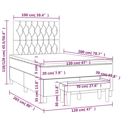 vidaXL Boxspringbett mit Matratze Dunkelgrau 120x200 cm Samt