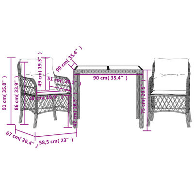 vidaXL 3-tlg. Bistro-Set mit Kissen Schwarz Poly Rattan