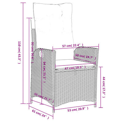 vidaXL Gartensessel mit Kissen 2 Stk. Verstellbar Braun Poly Rattan