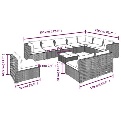 vidaXL 11-tlg. Garten-Lounge-Set mit Kissen Poly Rattan Grau