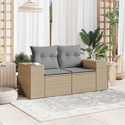 vidaXL Gartensofa mit Kissen 2-Sitzer Beige Poly Rattan