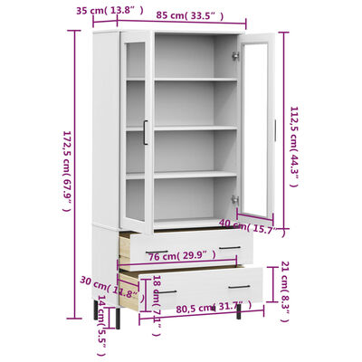 vidaXL Bücherschrank OSLO Metallbeine Weiß 85x35x172,5 cm Massivholz